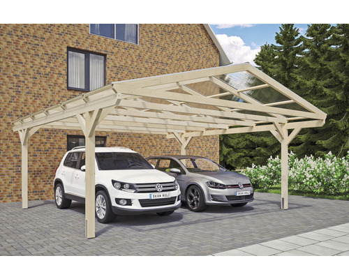 Přístřešek na auto dvojitý SKAN HOLZ Westerwald, včetně kotev pro sloupky, 570 x 648 cm, přírodní Dvojitý dřevěný carport se dvěma zaparkovanými auty