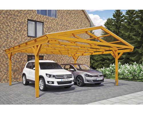 Přístřešek na auto dvojitý SKAN HOLZ Westerwald včetně kotvy na sloupek 570 x 648 cm, světlý dub Dřevěný dvojitý přístřešek pro auto se dvěma zaparkovanými auty