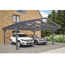 Dřevěný dvojitý carport se dvěma zaparkovanými auty