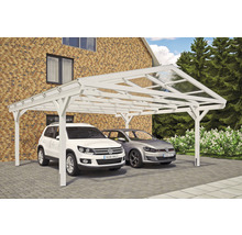 Dřevěný dvojitý carport se dvěma zaparkovanými auty
