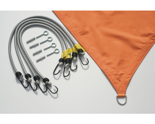 Montážní sada pro sluneční plachty s napínacími popruhy, háčky, šrouby a hmoždinkami a trojúhelníková sluneční plachta