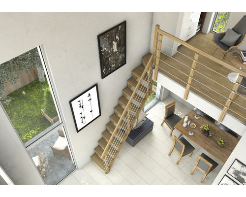 Světlý a moderní byt s dřevěným schodištěm, jídelním stolem a dekoracemi