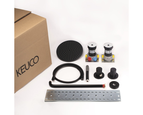 Sprchový systém Keuco s hlavovou sprchou, armaturami, hadicí a montážním příslušenstvím
