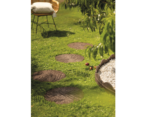 Zahradní scéna s trávníkem, kulatými betonovými nášlapnými kameny s vzhledem dřeva a okrasným štěrkovým záhonem