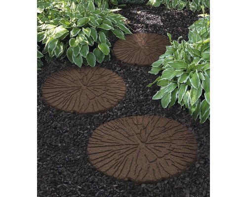 Zahradní chodník s kulatými kamennými stupnicemi vzhledu řezu kmene