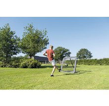 Chlapec kope fotbal do přenosné fotbalové branky na zahradě.