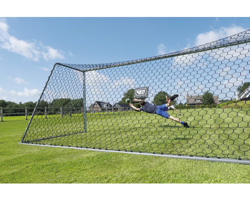 Fotbalová branka s osobou chytající míč venku