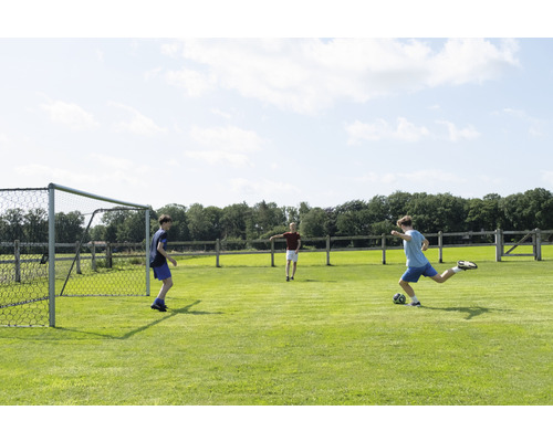 Tři děti hrají fotbal na travnatém hřišti s fotbalovou brankou.