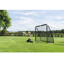 Venkovní scéna s fotbalovou brankou a brankářem chytajícím míč na trávníku.