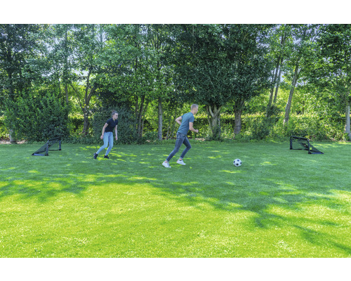 Dvě osoby hrají s míčem na zelené louce se dvěma fotbalovými brankami.