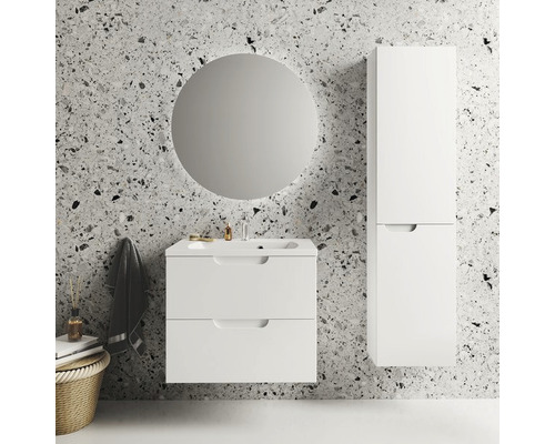 Moderní koupelna s umyvadlovou skříňkou, zrcadlovou skříňkou a kulatým zrcadlem