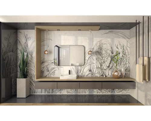 Světlá koupelna s umyvadlem, zrcadlem, rostlinami a dekorativní malbou na stěně pro moderní atmosféru