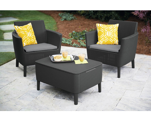 Sada zahradního nábytku se dvěma křesly, polštáři a stolem s úložným prostorem