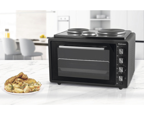 Černě lakovaná mini trouba se dvěma varnými deskami a talířem pečeného kuřete