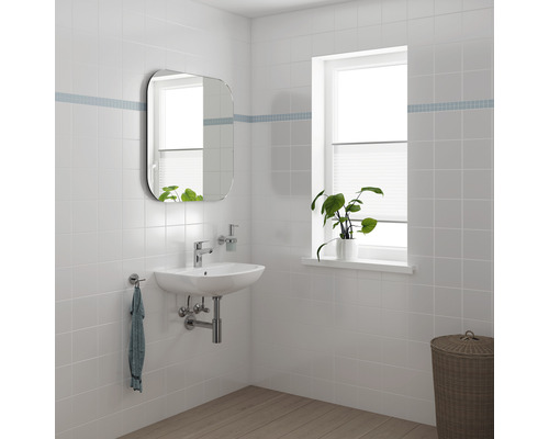 Světlá koupelna se zrcadlem, umyvadlem, vodovodní baterií, rostlinou a košem