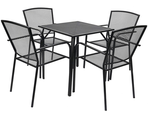 Zahradní souprava se čtvercovým stolem a čtyřmi židlemi z kovové síťoviny