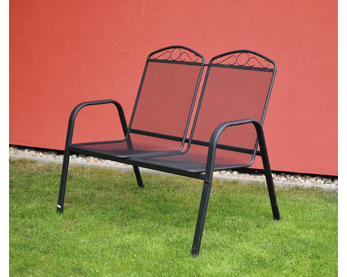 Kovová zahradní lavice pro dvě osoby na trávníku