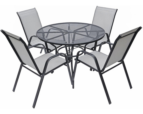 Zahradní stůl se čtyřmi židlemi z kovu a textilního potahu