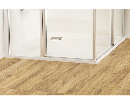 Detailní záběr sprchy se sprchovou vaničkou a skleněnými dveřmi.