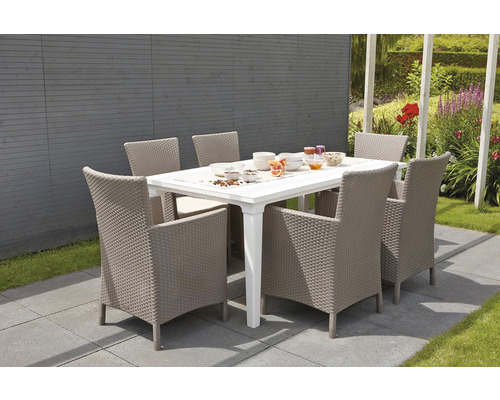 Zahradní scéna s jídelním stolem a šesti židlemi