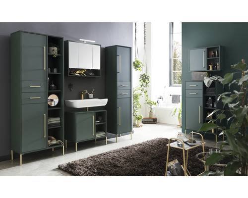 Koupelna s vysokými skříněmi, skříňkou pod umyvadlo, zrcadlovou skříňkou a kobercem pro moderní vybavení