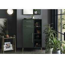 Scéna se zelenou skříňkou se zásuvkami a policemi, zlatými úchyty a nohami a dekorativními předměty.