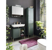 Moderní koupelna s umyvadlem, zrcadlovou skříňkou a vysokou skříní v tmavě zelené barvě