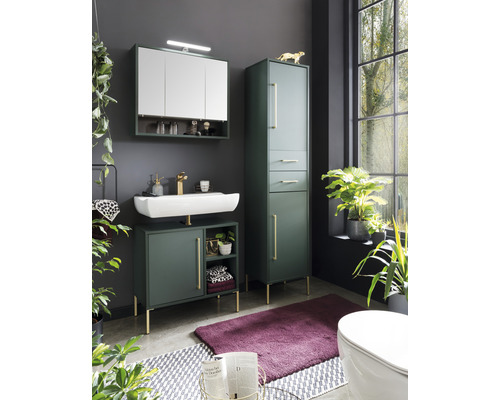Moderní koupelna s umyvadlem, zrcadlovou skříňkou a vysokou skříní v tmavě zelené barvě