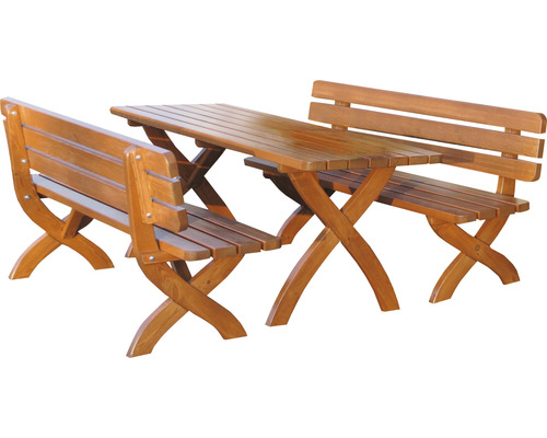 Zahradní stůl ze dřeva se dvěma lavicemi