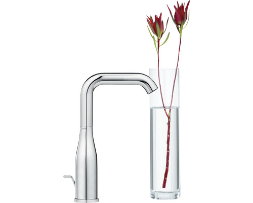 Kuchyňská baterie s vysokým výtokem vedle vázy s květinami