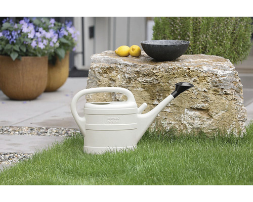 Plastová konev na trávníku před kamenem s citronem a miskou