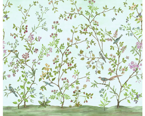 Tapeta se vzorem ptáků, květů a bobulí