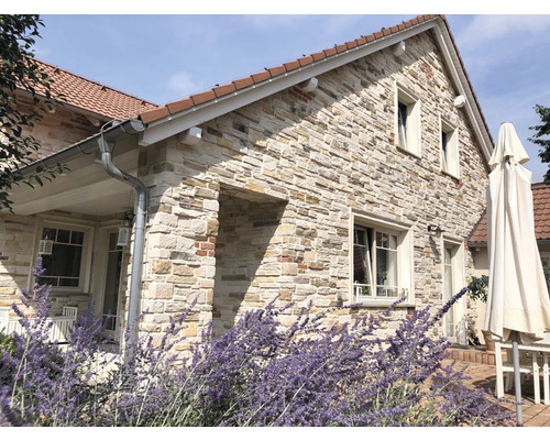 Fasáda domu s obkladovými kameny a okny