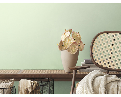 Dekorativní místnost s dřevěnou lavicí, anturiemi, ratanovým křeslem a bytovými doplňky