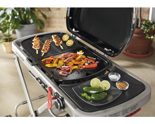 Gril s grilovanými surovinami, jako je zelenina a masové špízy