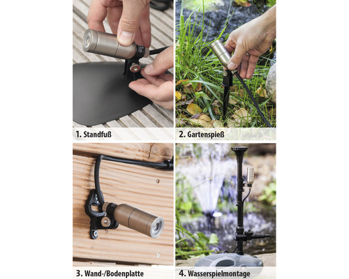 Čtyři možnosti montáže zahradního svítidla: základna, zemní hrot, nástěnná montáž a montáž vodní hry