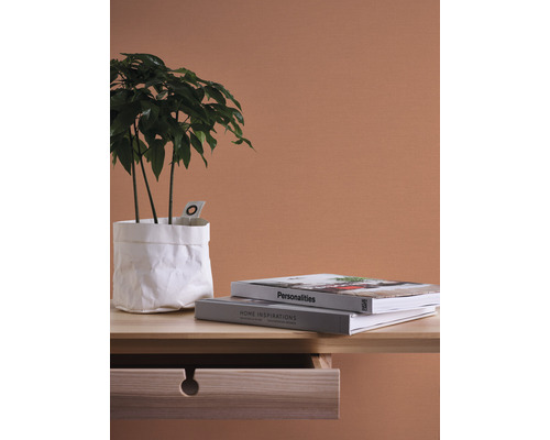 Dekorativní scéna s pokojovou rostlinou v bílém papírovém sáčku, dvěma knihami a dřevěným stolem s otevřenou zásuvkou