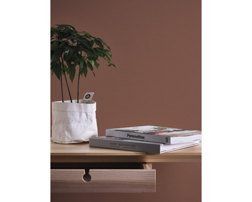 Dekorativní aranžmá s rostlinou v papírovém sáčku, knihami a otevřeným zásuvkovým stolem