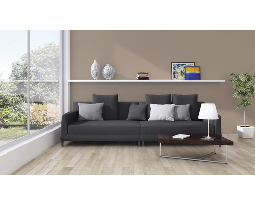 Obývací pokoj s pohovkou, konferenčním stolkem, policí a pokojovou rostlinou