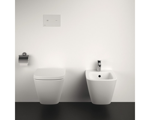 Moderní koupelna s nástěnným klozetem, bidetem, ovládacím panelem a držákem toaletního papíru