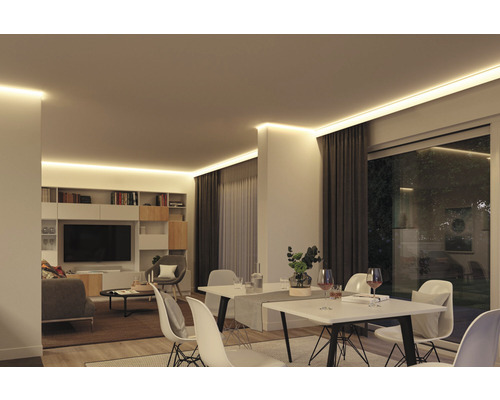 Obývací pokoj se stropním osvětlením, jídelním stolem a policovým systémem