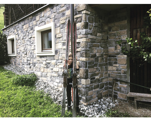 Kamenná fasáda s okny a ozdobnými lyžemi