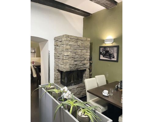 Interiér s kamenným krbem, stolem a rostlinami