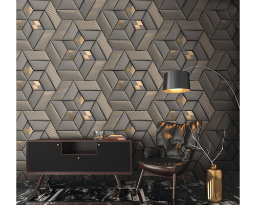 Obývací pokoj s trojrozměrným obkladem stěn, příborníkem, křeslem a stojací lampou