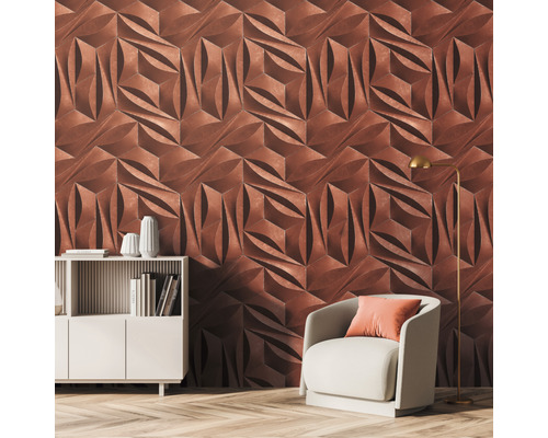 Obývací pokoj s trojrozměrným stěnovým panelem, křeslem a knihovnou