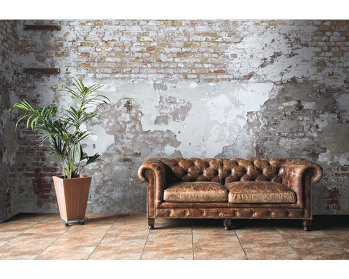 Interiérový pohled s koženou pohovkou, pokojovou rostlinou a cihlovou zdí