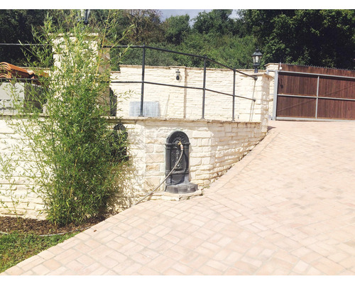 Venkovní fotografie zahrady s kamennou zdí, okrasnou fontánou a bambusovou rostlinou