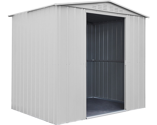 Kovový zahradní domek s otevřenými dveřmi