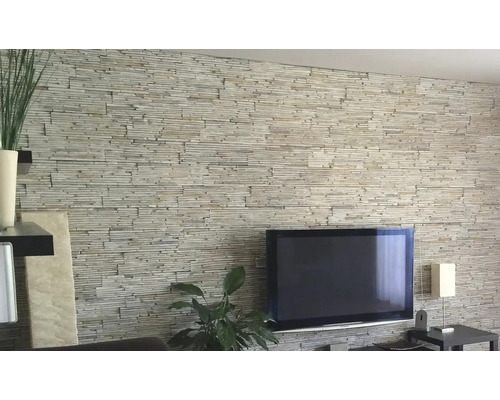 Obývací pokoj s obkladem stěn z přírodního kamene a televizí