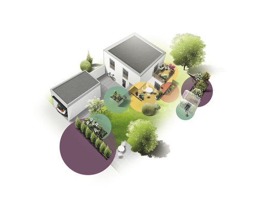 Pohled shora na dům se zahradou, terasou, balkonem, skleníkem a garáží